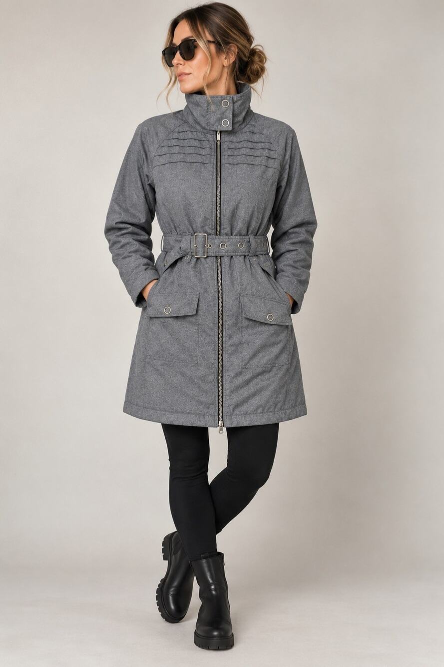 Columbia Womens XL Gray Insulated Mid-Length Parka Coat Full Zip Belted